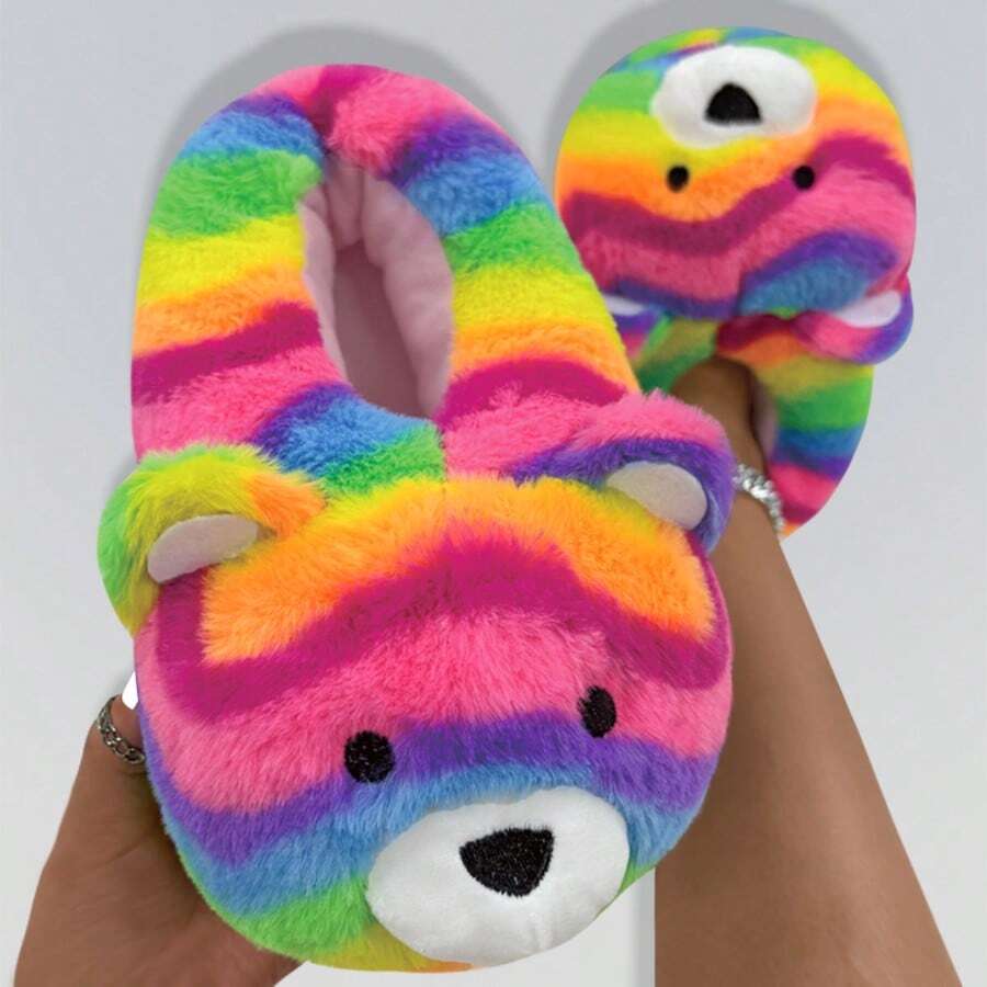Women's Lightweight, Anti-Slip, Rainbow Embroidered Closed Toe Teddy Bear House Slippers - Multicolor - View 1
