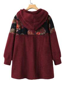 Plus Size Winter Fleece-Lined Vintage Floral Print Hooded Casual Cardigan Jacket - Đỏ sẫm - Xem 4