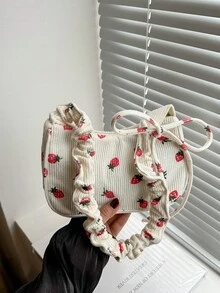 1个可爱草莓印花女童单肩包，抽绳设计，儿童休闲包，零钱包，多功能轻便便携，拉链封口，适合日常收纳、旅行、购物、儿童户外活动、超市购物、节日礼物、送给女儿的礼物，时尚灯芯绒清新甜美休闲包，钥匙扣，适合儿童、学生、女孩、青少年、闺蜜旅行配件 - 彩色 - 查看 7