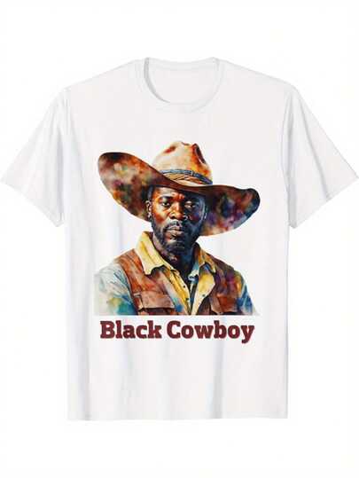 Camiseta Gráfica de Vaquero Negra para Hombre - 100% Algodón, Manga Corta Casual, Cuello Redondo, Estilo de Impresión de Acuarela, Lavable a Máquina, Perfecta para Aventuras al Aire Libre