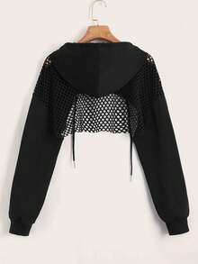 Áo hoodie nữ dáng ngắn thể thao phối lưới, thoáng khí, màu đen trơn, phong cách thường ngày, thích hợp cho mùa hè. - màu đen - Xem 2
