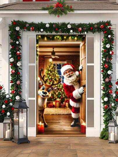 2pcs Christmas Greeting Banner Door Cover Decorations--Santa Claus, Reindeer And Christmas Tree Design, 2D Flat Durable Polyester Material, Easy To Install And Remove, Stain-Resistant, Suitable For Front Entrance Welcome Decoration, Office, School, Home