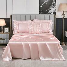 8 Pieces Black Satin Comforter Set King Size With Sheet Set Luxurious Soft And Silky Comforter Set Farmhouse Style Black Rufle Fringe Design Boho Comforter Silk Like Satin Bedding Set - 淺粉色 - 查看 5