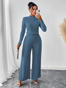Amarilo 女士休闲优雅立领长袖阔腿连体裤秋冬时尚通勤简约长款连体衣 - 藍色 - 查看 5