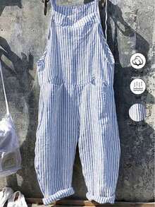 Plus-Size Casual Daily Sleeveless Striped Overalls With A Front Center Pocket And LACES, Summer