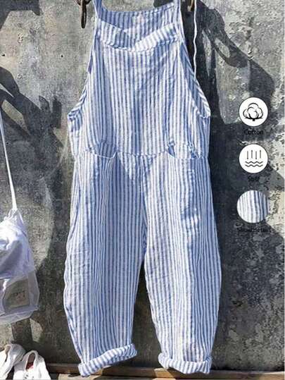 Plus-Size Casual Daily Sleeveless Striped Overalls With A Front Center Pocket And LACES, Summer