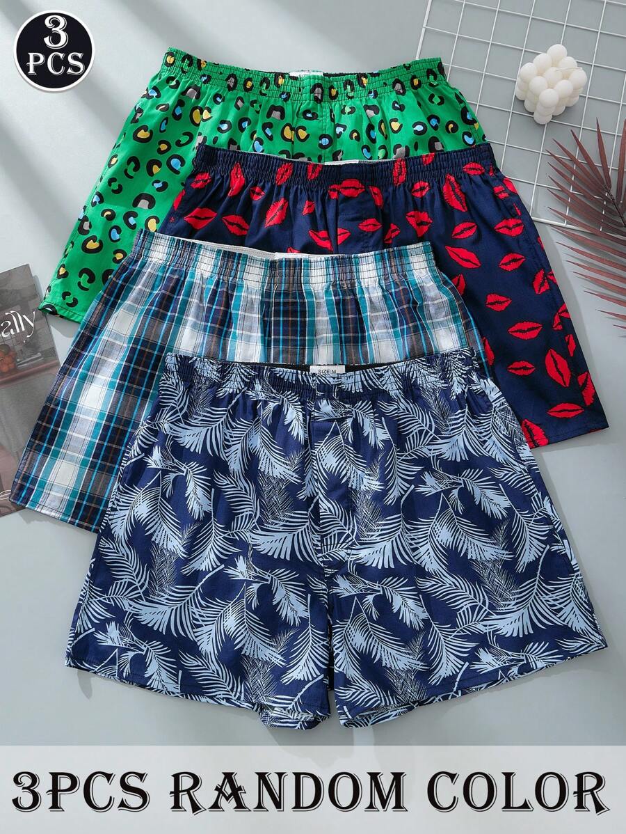 3条男士纯棉印花经典格子芦荟裤（款式随机） - 彩色 - 查看 1