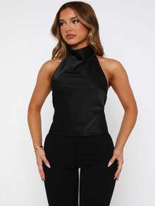 Womenacute;S Halter Neck Satin Sleeveless Backless Solid Color Slim Fit Summer Tank Tops - Black - View 2