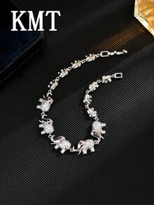 1pc Copper Inlaid Cubic Zirconia Cute Elephant Design Women Fashion Bracelet, Elegant For Daily Wear And Party - Elephant - View 9