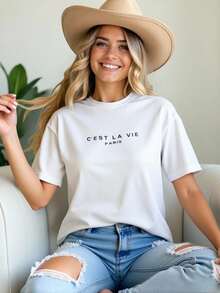 EMERY ROSE Women's Summer Letter Print Round Neck Short Sleeve Casual Versatile T-Shirt - White - View 1