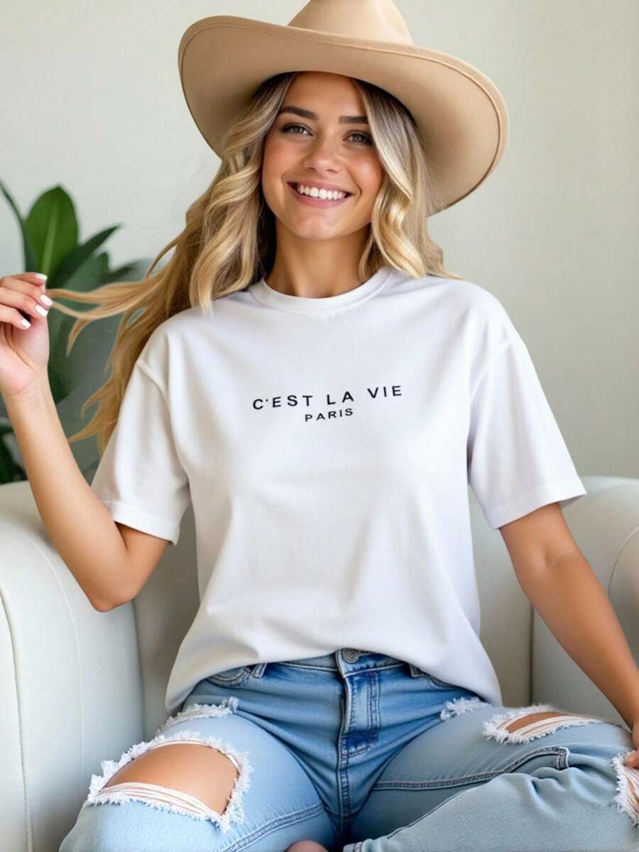 EMERY ROSE Women's Summer Letter Print Round Neck Short Sleeve Casual Versatile T-Shirt - White - View 1
