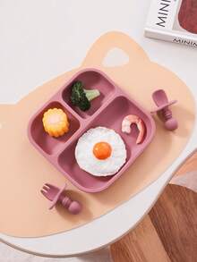 PopLittleOne 3PCS Baby Silicone Tableware Set Suction Square Plate Mini Spoon Fork Solid Color Dinner Set Children Unteils Soft Plate For Boy Girl - Multicolor - View 9