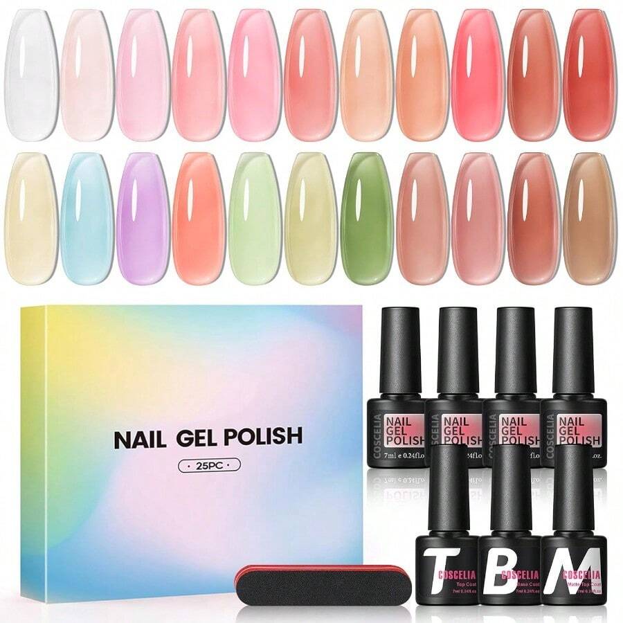 25pcs Jelly Gel Nail Polish Set With Top Base Coat 22 Colors Jelly Gel Polish With 3pc Top Base Coat Pastal Spring Summer Colors Crystal Transparent Gel Polish French Nail Art Kit For WomenDEVO - 25件果凍凝膠指甲油(Collection3) - 查看 1