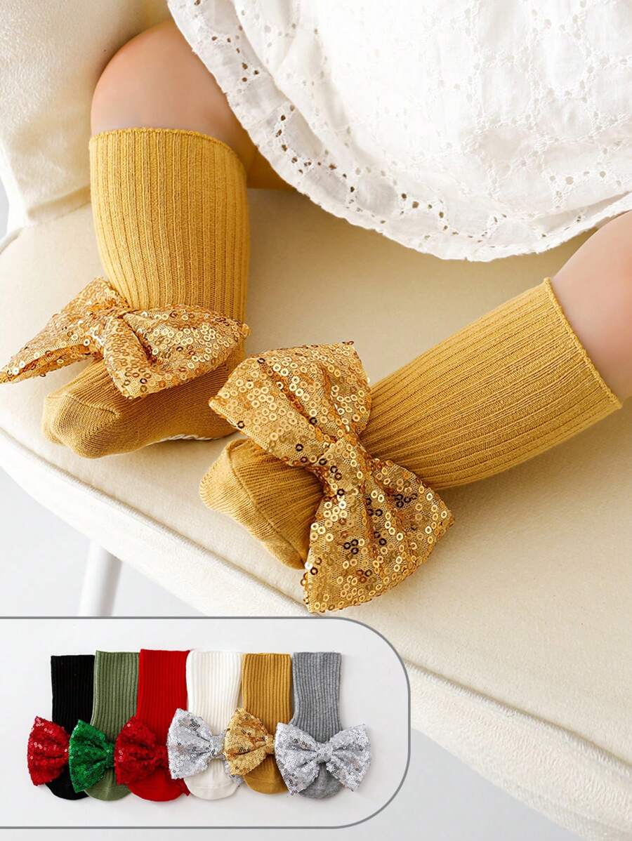 Wrenababy 女童百搭舒适袜子，可爱蝴蝶结设计公主风格防滑圆点抓地袜，适合幼儿和婴儿，适合春秋季