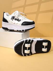 Kids' Roller Skate Shoes With 4 Wheels, Detachable Roller Skating Shoes, Lace-Up Heelys Sneakers, Fashion Casual Shoes For Boys And Girls - Black - View 2