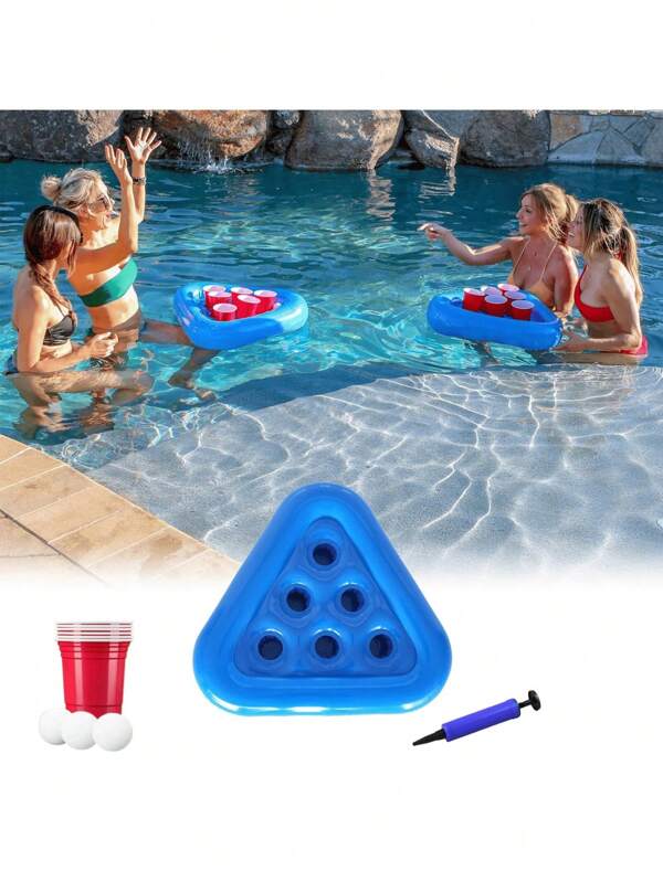 1 set opblaasbare drankhouders voor in het zwembad, pingpongtafel voor poolparty's, waterspelletjes inclusief vlotten, 3 pongballen en 6 bekers, drijvende koeler met dranktray, driehoekige bierhouder, mobiele schotel, PVC-accessoires voor buiten, zomerfeestdecoratie, zwembadvlotten, tafel- en baronderzetters (de kleur van de pomp is willekeurig, niet volledig afgebeeld op de afbeelding)