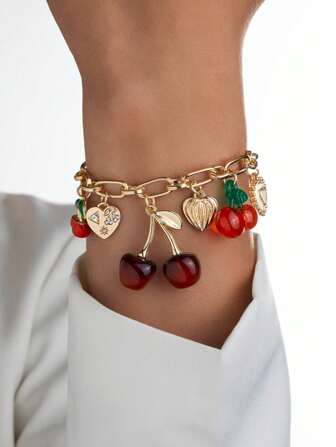 1 pieza Pulsera de cereza linda, pulsera versátil minimalista con corazón y borla, regalo elegante para fiestas y cumpleaños
