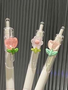 1 支/5 支速干郁金香花圆珠笔、记号笔、黑色墨水按压笔、高品质少女透明笔、卡通按压笔、办公和学校用品、返校必备（颜色随机）