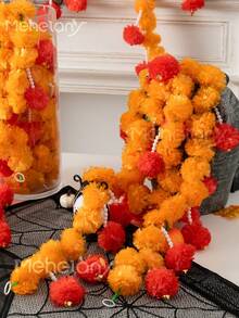 MEHELANY 1条 - 4.6英尺橙色人造万寿菊花环，人造万寿菊传统装饰长花环，适用于万圣节、婚礼、排灯节、派对、壁炉装饰，人造花环也适用于圣诞节、秋季节日、秋季花卉装饰 - 黃紅 - 查看 3