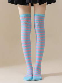 1 Pair Women Over Knee Socks, Cosplay Anime Character Uniform, Japanese Style Striped & Solid Thigh-High Stockings