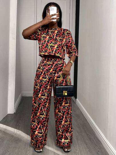 2 pezzi Completo casual ed elegante da donna con pantaloni lunghi e top a maniche corte con stampa floreale e tasche, adatto per casa, giardino e uso casual in autunno