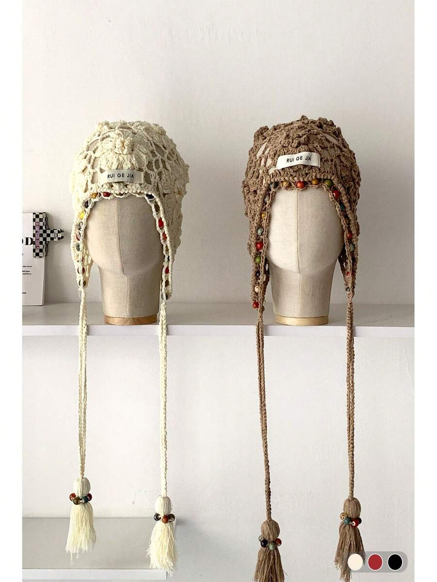 1 件波西米亚花流苏镂空头带帽，手工编织夏季复古帽，适合女士秋季配饰 - 針織帽 - 查看 1