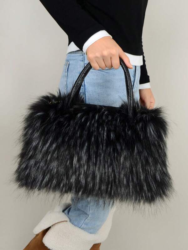 New Plush Wrist Strap Bag For Women, Autumn/Winter Faux Fur Clutch Bag, Fashion Handbag With Large Space, Faux Mink Fur Long Hair Bag, Tote Bag, Black