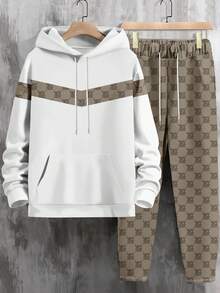 Men's Colorblock Geometric Letter Print 2 Pieces Sports Set, Hooded Pullover Sweatshirt With Drawstring Pants, Casual Streetwear Matching Outfit - Multicolor - View 3