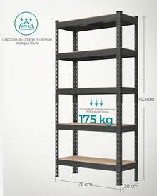 SONGMICS Étagère de Rangement, 5 Niveaux, 30 x 75 x 150 cm, Capacité de Charge 875 kg, pour Cave, Garage, Bureau, Noir - Noir - Voir 6