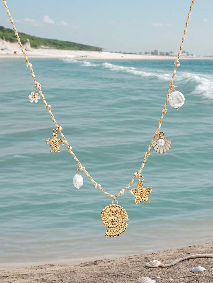 1 chiếc vòng cổ bện phong cách Bohemian, hoa đại dương trắng, rùa, ngọc trai giả, vỏ sò, sao biển, giọt dầu, mặt dây chuyền hình vỏ sò quạt - Vàng - Xem 1