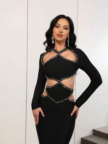 Love Aing Elegantes, handgefertigtes Maxikleid mit Strass-Verzierung, Hohlmuster und Bandage-Passform, sexy für Hochzeitsgäste, Partys, Dates