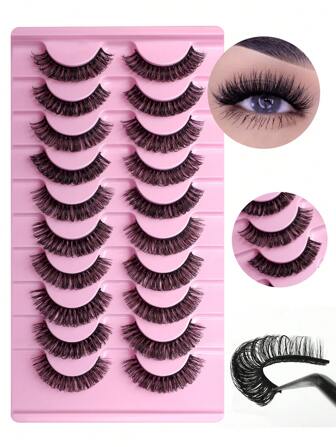 10 Pairs 8-16mm Thick Crossed Curly Russian Volume Eyelashes, D Curl, Suitable For Performance, Parties, Daily Wear, Dates, Heavy Makeup, Cosplay, For Women With Sparse Lashes