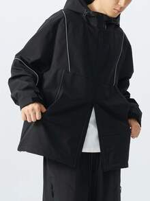 Men Plus Size Long Sleeve Hooded Jacket, Casual Short Outerwear , Fall - Black - View 5
