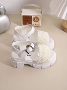 1双女童户外凉鞋，新款夏季圆头拼接设计，亮面加厚防滑耐磨鞋底，时尚儿童罗马凉鞋 - 米色 - 查看 6