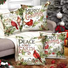 4pcs/280pcs Christmas Theme Pillow Covers, Green Leaf & Red Bird Pattern, Suitable For Christmas Living Room Bedroom Sofa Decor, 45x45cm Pillow Covers, Christmas Party Decoration, Christmas Party Restaurant Decor, Party Atmosphere Decoration, Without Pillow Insert, Suitable For Daily, Holiday, Party - Green Leaves Cardinal - View 7