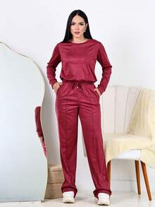 Women's Winter Set: Wide Leg Pants And Long Sleeve Suede Top, Elegant And Comfortable - 紅木色 - 查看 4