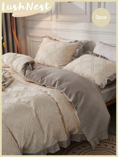 3件套多色菱形镂空荷叶边被套组（1个被套+2个枕套，不含填充物），轻盈透气，涤纶材质，复古风格，适用于卧室、客房、家居装饰