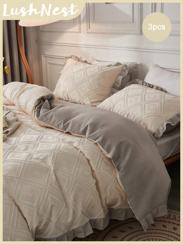 3件套多色菱形镂空荷叶边被套组（1个被套+2个枕套，不含填充物），轻盈透气，涤纶材质，复古风格，适用于卧室、客房、家居装饰