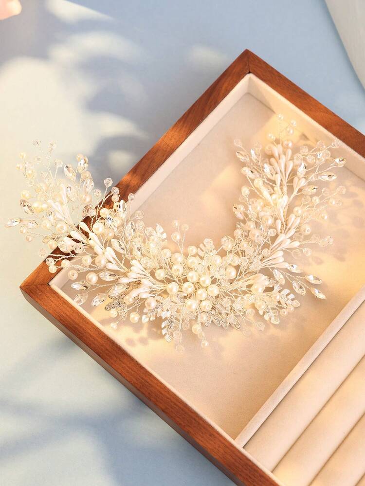 1 pieza Diadema elegante de mujer con flor de yeso, cristal y perla en forma de hoja, accesorio de novia para boda, fiesta, baile de graduación y Día de San Valentín - Plateado - Añade 7