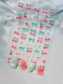1 樱桃蝴蝶结指甲贴，5D浮雕立体甜美樱桃蝴蝶结指甲贴纸 Y2K 风格 DIY 美甲用品 - 彩色 - 查看 1