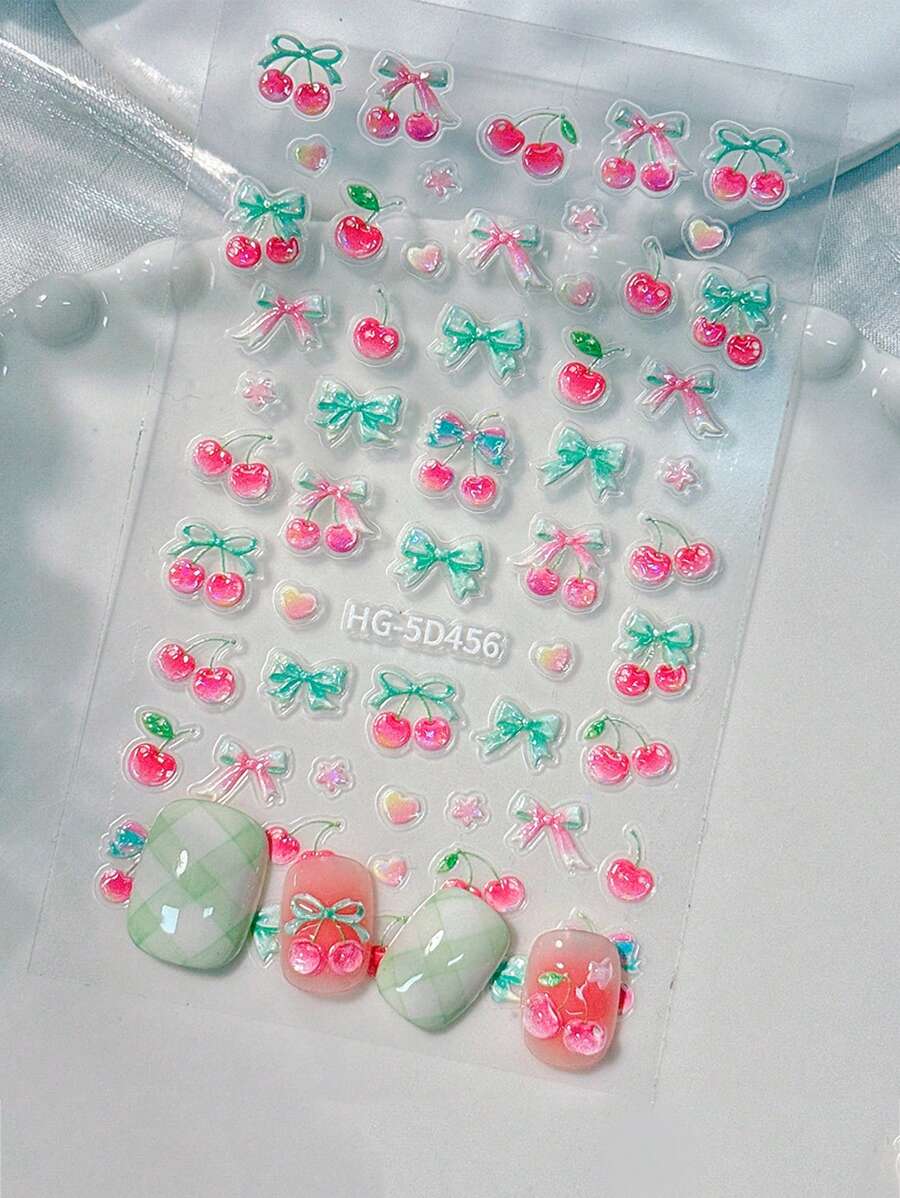 1 樱桃蝴蝶结指甲贴，5D浮雕立体甜美樱桃蝴蝶结指甲贴纸 Y2K 风格 DIY 美甲用品 - 彩色 - 查看 1