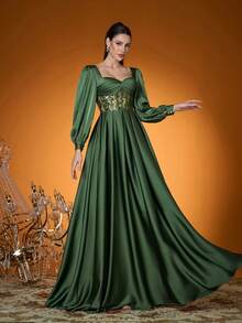 Mgiacy,New Arrival,V-Neck,Elegant,Ball Dress,Ruffle,Sequin,Perspective,Lantern Sleeve,FOR,Prom Wedding,Graduation,Wedding Guest,Party Dress,Wedding Guest Dress, Evening Dress,Green Dress For Women