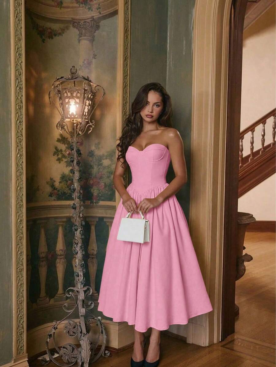 女士纯色褶皱优雅度假休闲通勤夏季连衣裙 粉色 - 粉色 - 查看 1