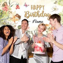 1 szt. personalizowany baner urodzinowy z imieniem, tło do zdjęć w stylu vintage z motywem kwiatowym i bajkowym lasem, baner urodzinowy na ścianę i stół z tortem