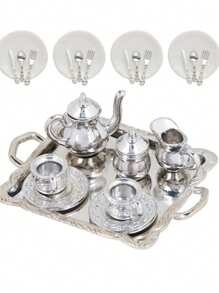 1:12 Mini Tea Set, Metal Mini Teapot, Small Tea Cups, Mini Doll, Dollhouse Accessories - Silver - View 3