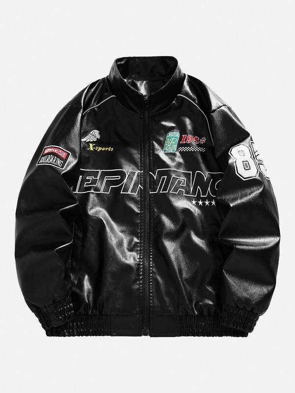 جاكيت جلدية طويلة الأكمام للرجال مطرزة بالحروف والطباعة الجرافيكية الأنيقة