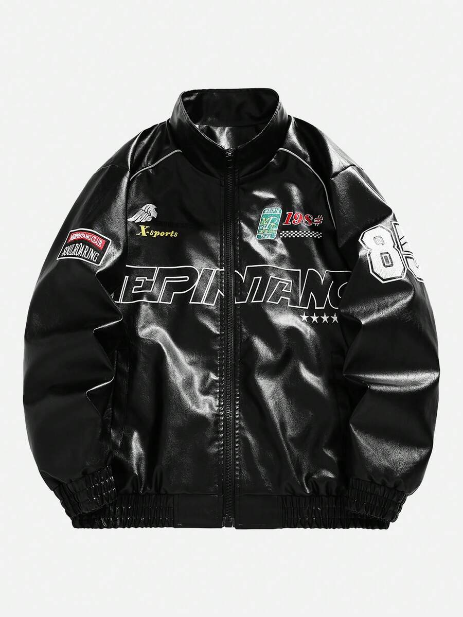 Męska skórzana kurtka z długim rękawem i haftem literowym - Czarne - Zobacz 1