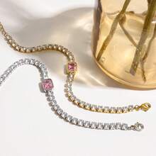 粉色方形锆石情侣手链手镯不锈钢高档珠宝新品独特奢华闪亮手链
