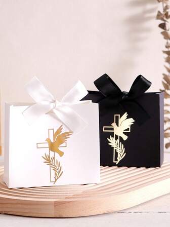 5pcs Retro Mini Gift Box With Cross, And Laurel Wreath Design, Gold And Black Foil Accents, Satin Ribbon Bow, Perfect For Baptisms, Christenings, First, And Church Events, Elegant Favor Box For Small Gifts And Treats