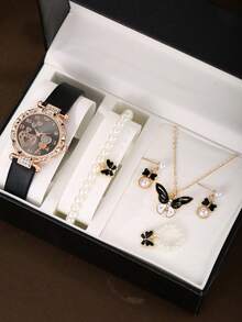 Conjunto de 6 peças de relógio de quartzo feminino elegante, casual, estilo universitário, com colar de pérolas e borboletas, pulseira, brincos e anel, várias opções de cores, presente para irmã combinando, adequado para uso diário, presente perfeito para ela na volta às aulas - Ouro - Ver 8